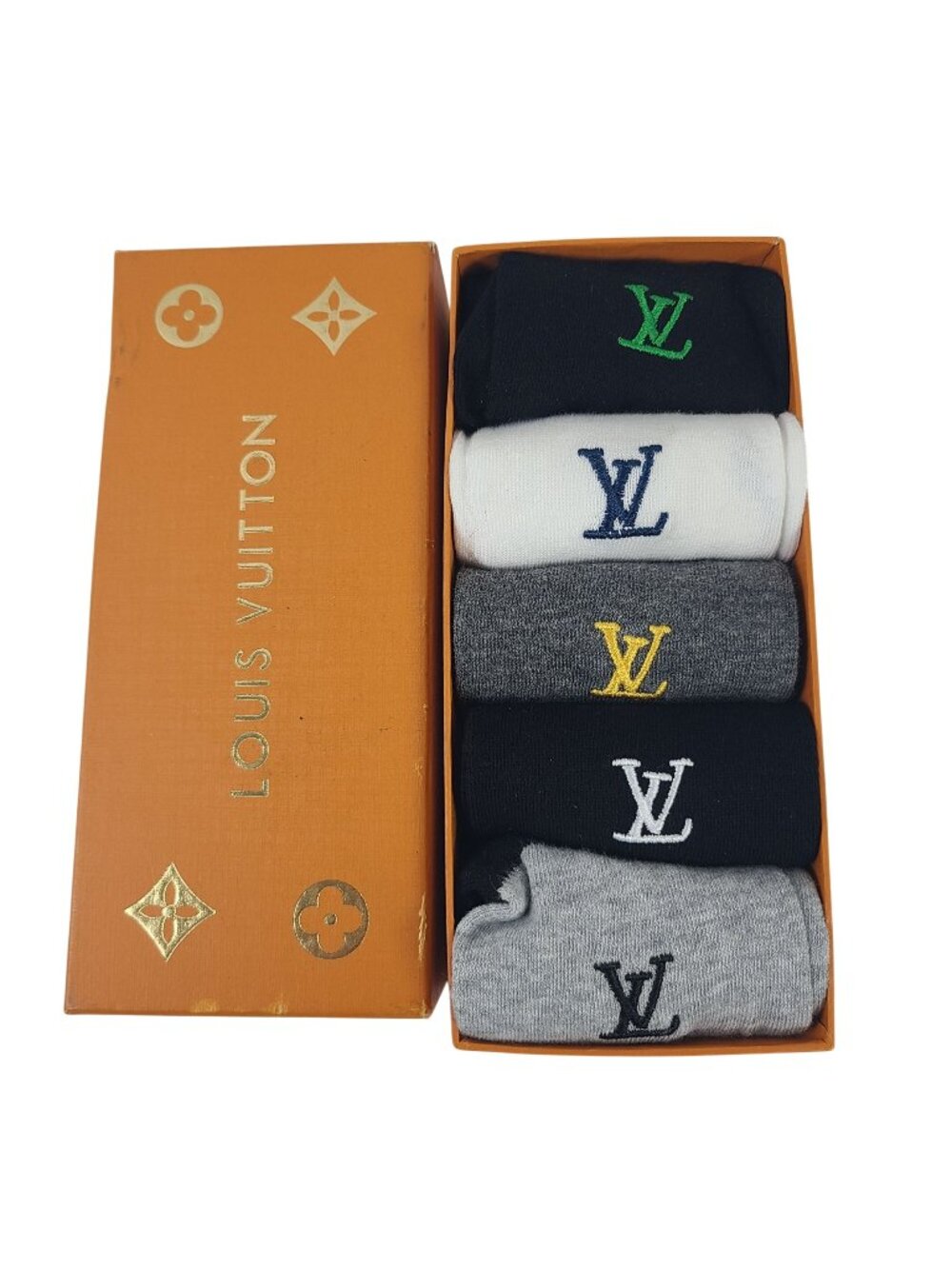 Louis Vuitton Boxed Set Of 5 Men's Crew Socks OS Embroidered LV Logo Design